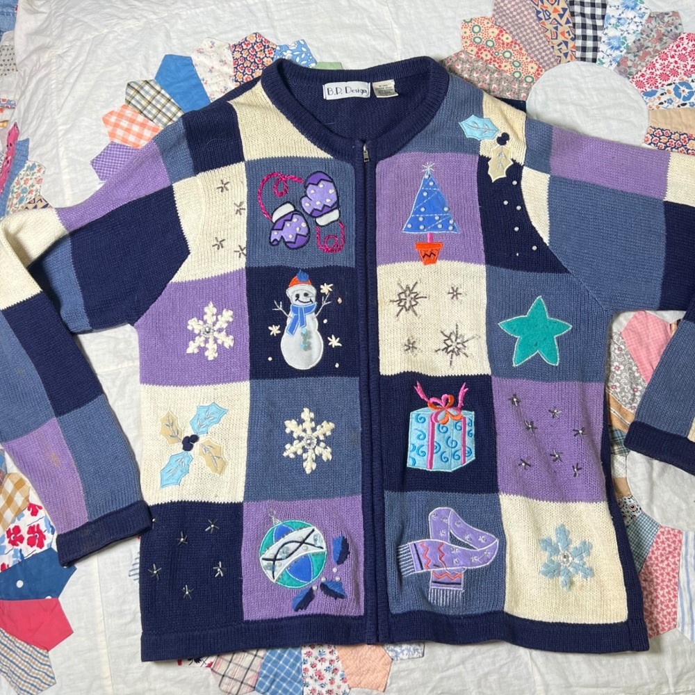 B.P. Design Vintage Christmas Patchwork Zip Cardigan Sweater Blue Purple Large